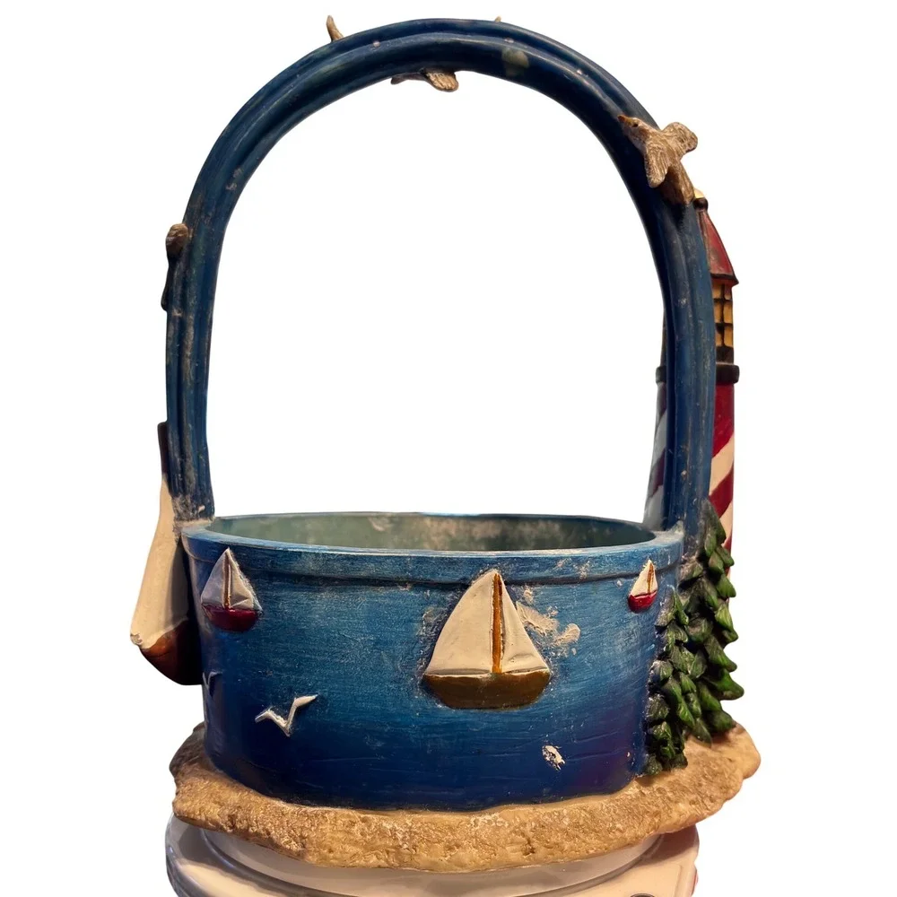 One of a Kind Nautical Decorative Basket Small Blue Lighthouse Sailboat‎ Resin
